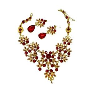 Elegant Red and Gold Crystal Rhinestone Floral Jewelry Set